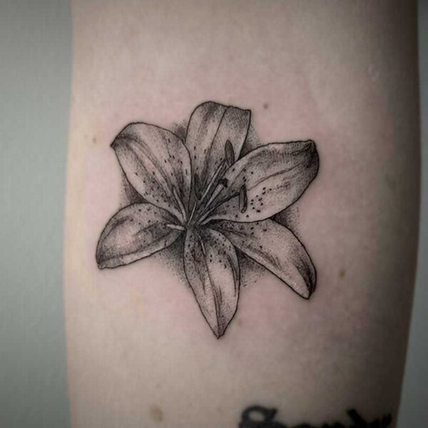 black and white tattoo of a lily