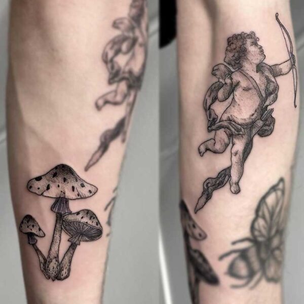 black and white tattoos of mushrooms and cupid with a bow