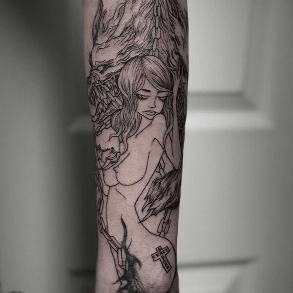 atticus tattoo, black and white tattoo of a naked woman holding the leash that is attached to a werewolf