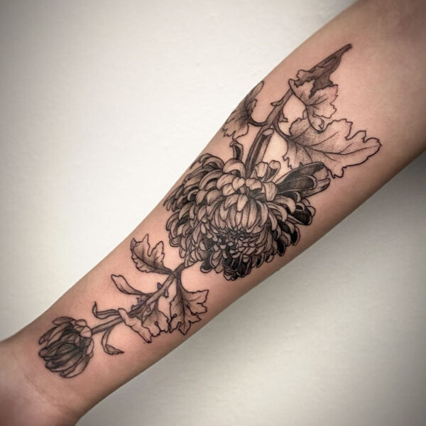 black and grey tattoo of a dhalia flower