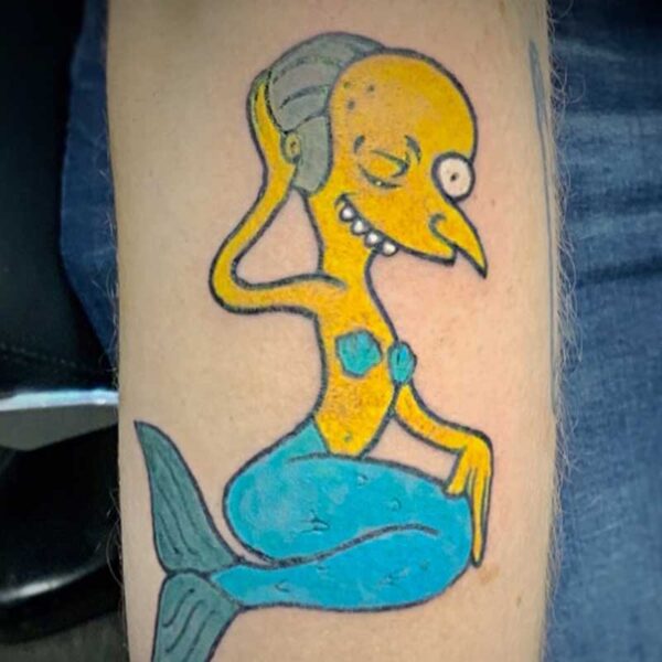 coloured tattoo of Mr Burns as a mermaid