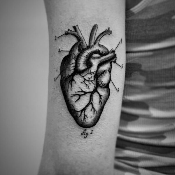 black and white tattoo of a human heart