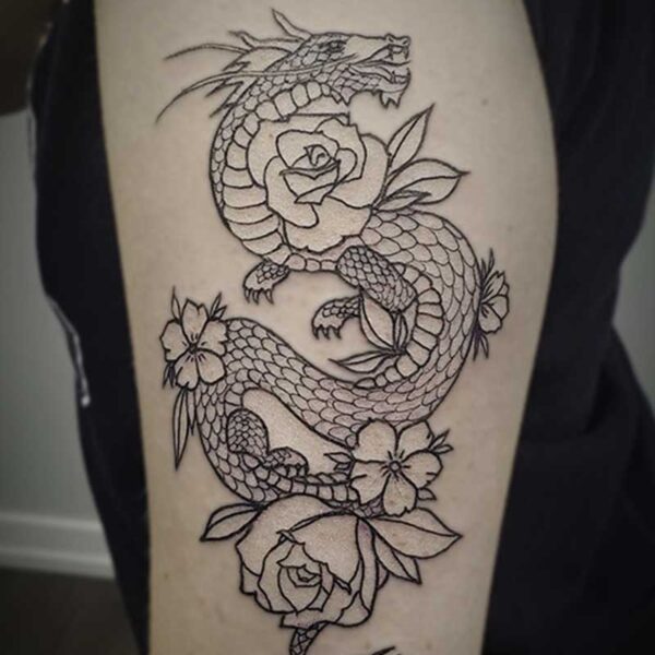 black line tattoo of an eastern dragon and flowers