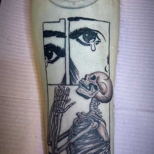 black and grey tattoo of a skeleton praying