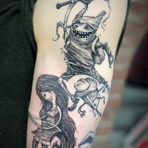 atticus tattoo, black and grey tattoo of creepy versions of Finn and Marceline from Adventure Time