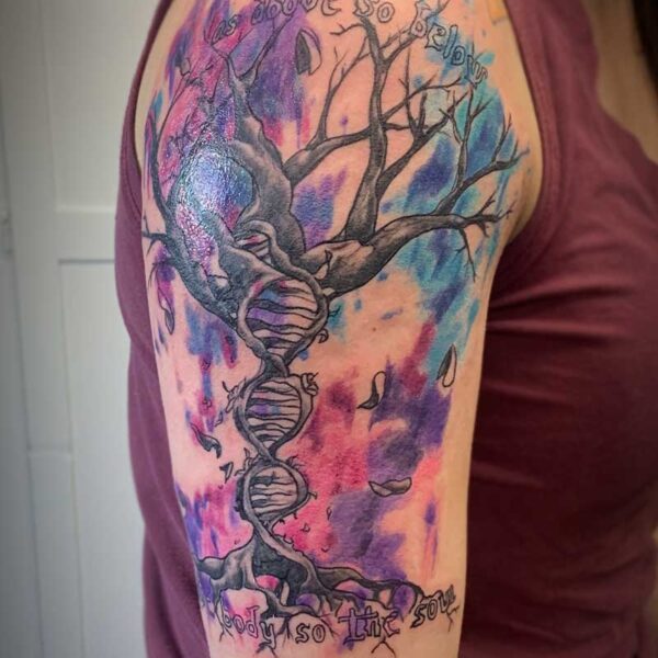 atticus tattoo, coloured tattoo of a tree with DNA strands and blue, purple and pink background