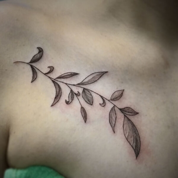 atticus tattoo, fine line tattoo of a stem of leaves
