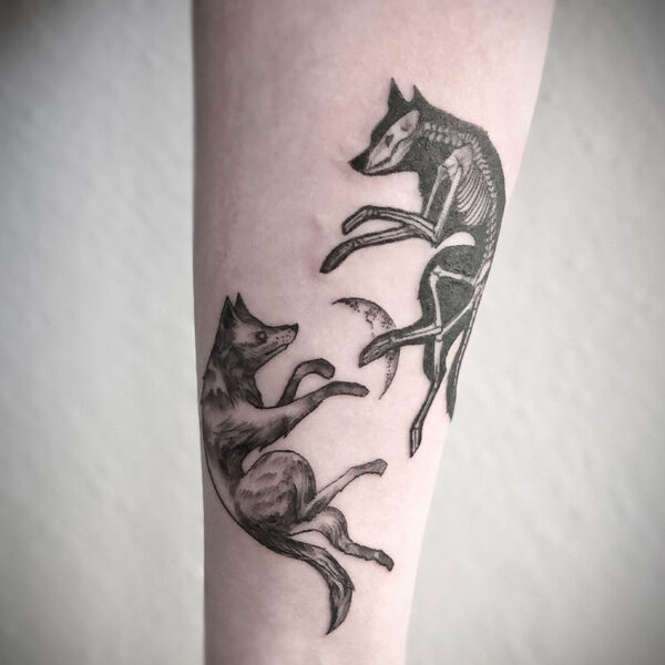 atticus tattoo, black and grey tattoo of two wolves and a crescent moon; one wolf has it's skeleton exposed