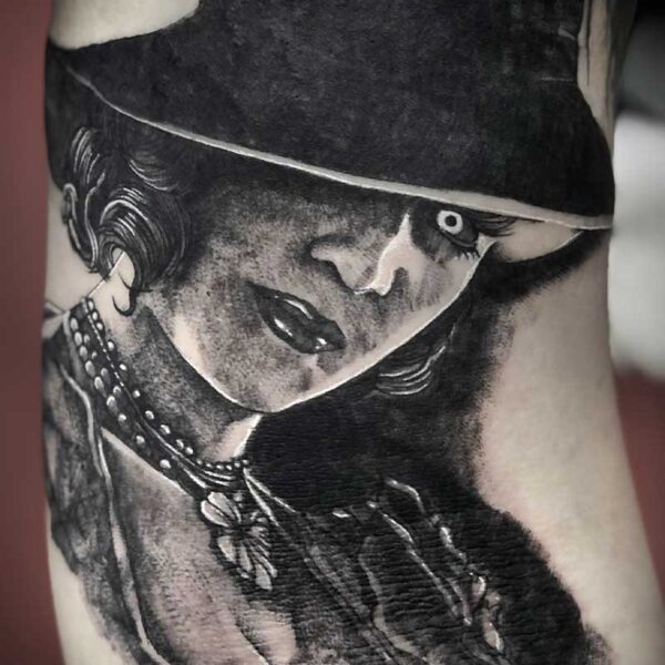 atticus tattoo, black and grey tattoo of Lady Dimitrescu