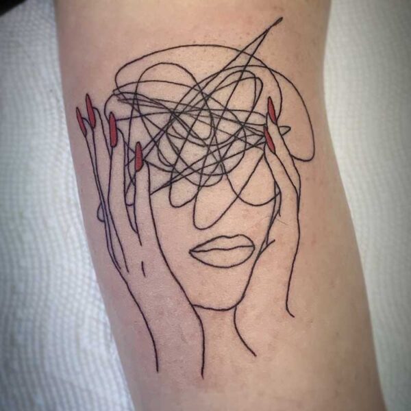 atticus tattoo, line tattoo of a woman grasping her face and squiggles over face and head