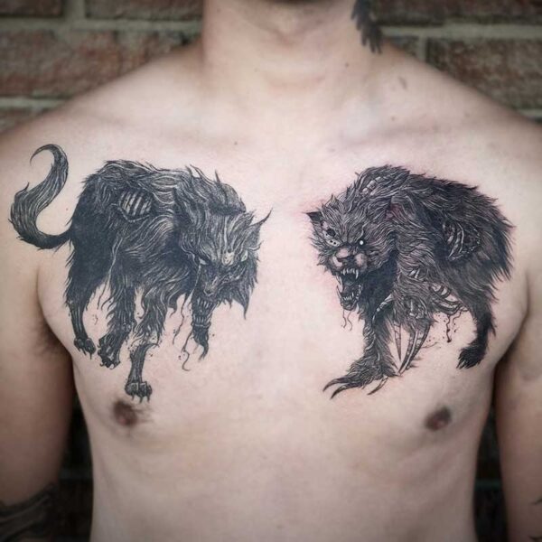 atticus tattoo, black and grey tattoos of a wolf and bear monster