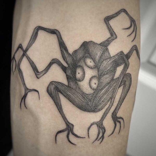atticus tattoo, black and grey tattoo of a monster with eight arms and three eyes