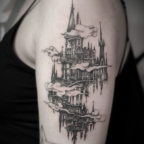 atticus tattoo, black and grey tattoo of a castle