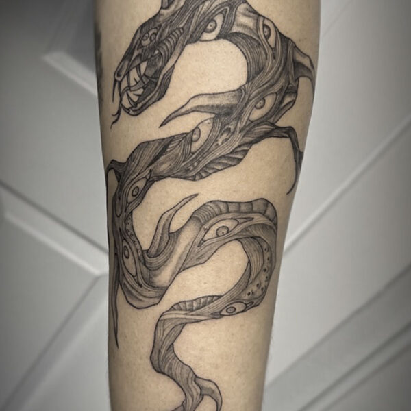 atticus tattoo, black and grey tattoo of a snake monster