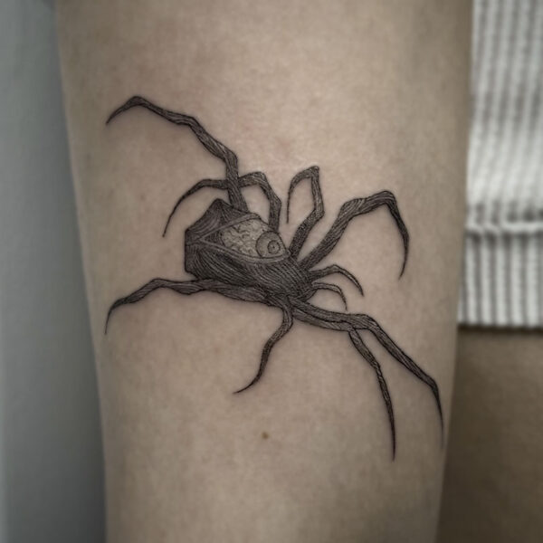 atticus tattoo, black and grey tattoo of a spider monster