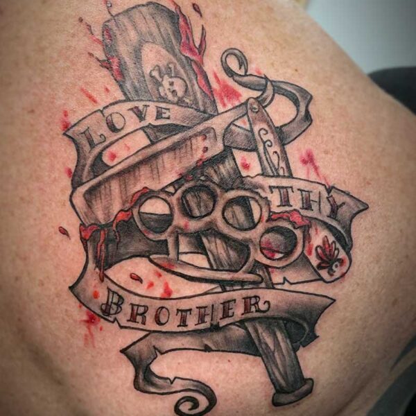 atticus tattoo, red, black and grey tattoo of brass knuckles, wooden bat, razor blade and ribbon with the words "love thy brother"