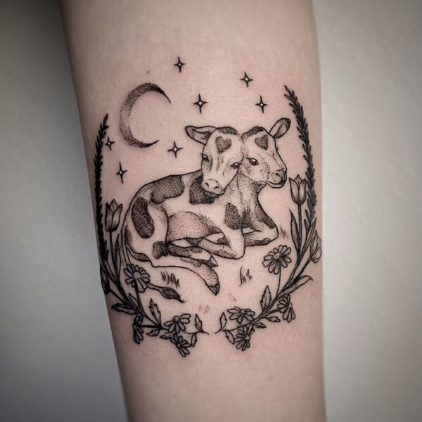 atticus tattoo, black and grey tattoo of a tow headed calf looking at the moon and stars with floral and grass under it