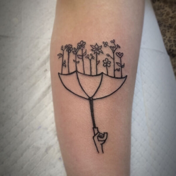 atticus tattoo, line tattoo of an upside-down umbrella with flowers growing out of it