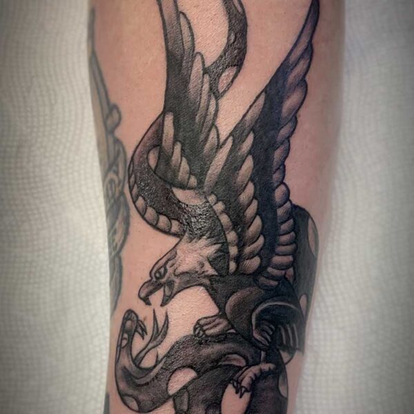 atticus tattoo, black and grey old school tattoo of an eagle and snake fighting