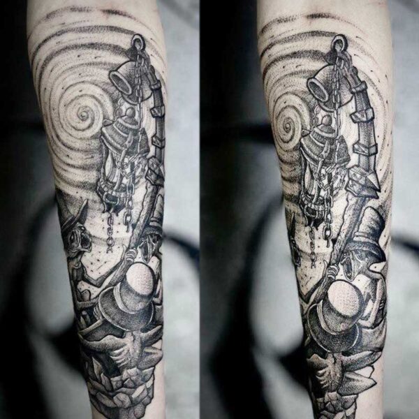 atticus tattoo, black and grey tattoo of a lantern and skeleton monsters