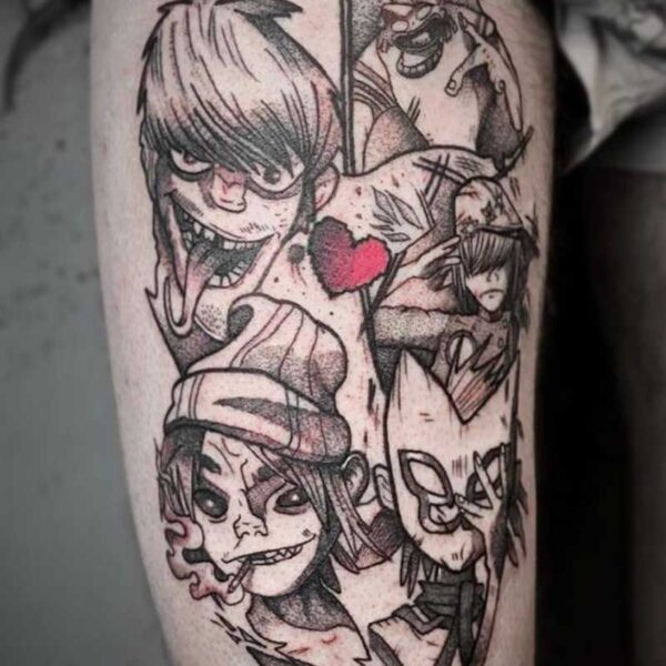 atticus tattoo, black and grey tattoo of the band Gorillaz with a red heart in the center