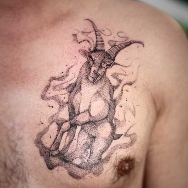 atticus tattoo, black and grey tattoo of a ram with smoke billowing off of it