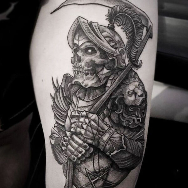 atticus tattoo, black and grey tattoo of a skeleton soldier in armour
