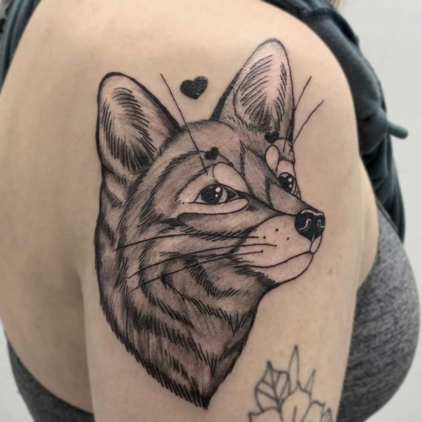 atticus tattoo, black and white tattoo of a fox head with hearts