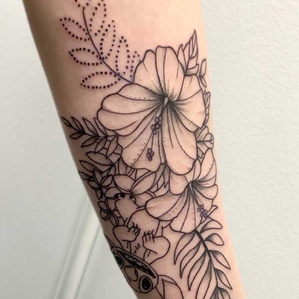 atticus tattoo, fine line tattoo of flowers and foliage
