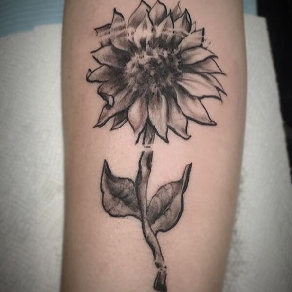 atticus tattoo, black and white tattoo of a sunflower