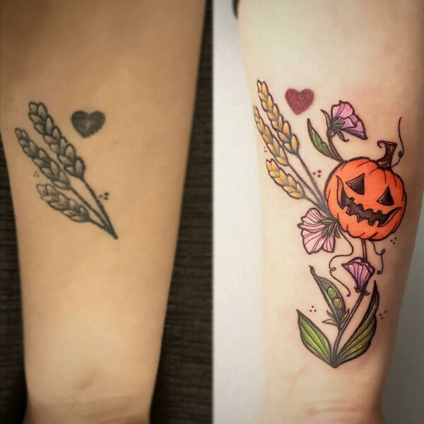 atticus tattoo, cover up tattoo of wheat, flowers and a jack o lantern