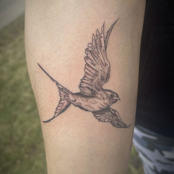 black and grey tattoo of a sparrow