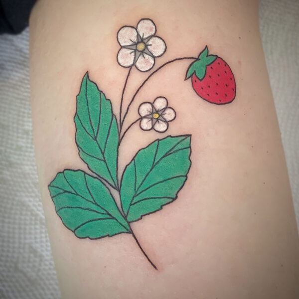 atticus tattoo, coloured tattoo of a strawberry with leaves and flowers