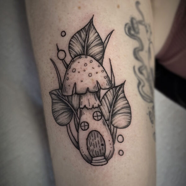 atticus tattoo, black and white fairy, mushroom home tattoo