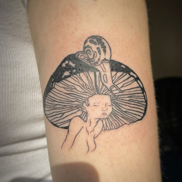 black line tattoo of a fairy girl wearing a mushroom hat with a snail on top