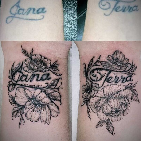 cover tattoo of names with flowers