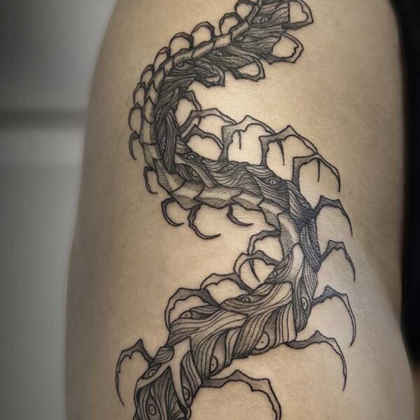 atticus tattoo, black line tattoo of a centipede monster