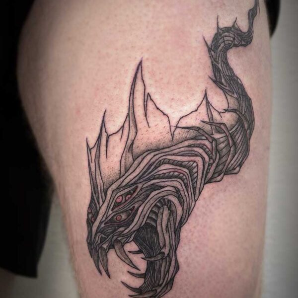 atticus tattoo, black and grey tattoo of a snake monster