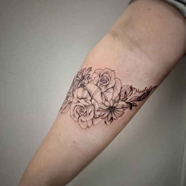atticus tattoo, fine line tattoo of roses and other flowers