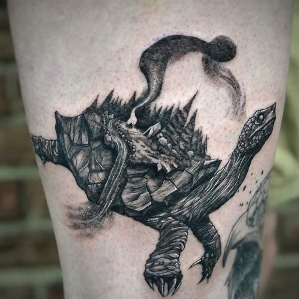 atticus tattoo, black and grey tattoo of a tortoise with a mountain scene on its back