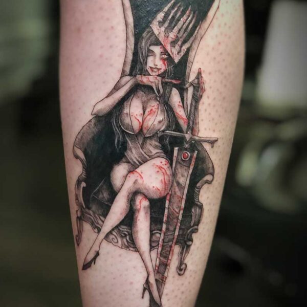 atticus tattoo, black and grey tattoo of a woman sitting in a throne with a crown and sword and blood dripping all over