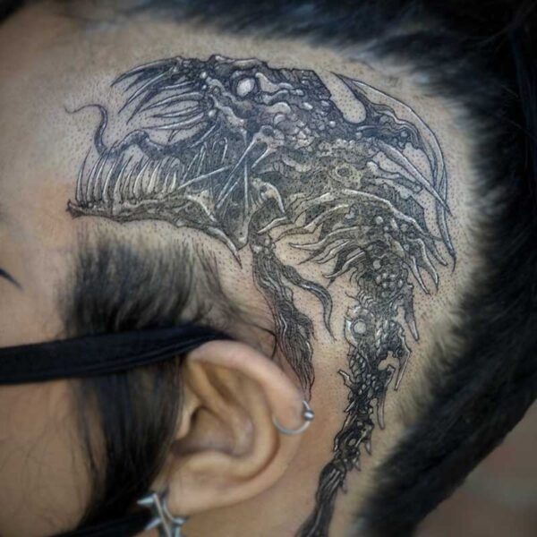 atticus tattoo, black and grey scalp tattoo of a fish monster