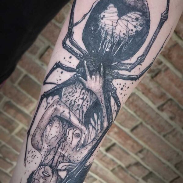 atticus tattoo, black and grey tattoo of a half-woman, half-spider