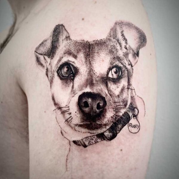 atticus tattoo, realism tattoo of a dogs face