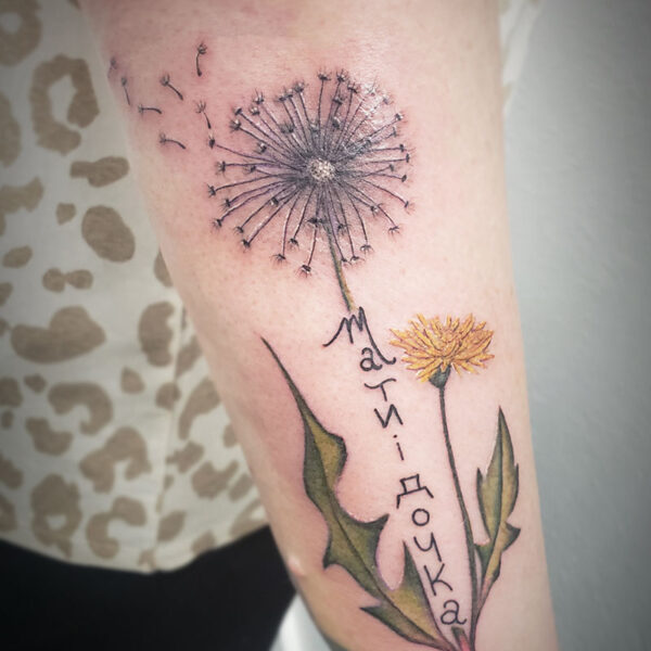 atticus tattoo, coloured tattoo of a dandelion