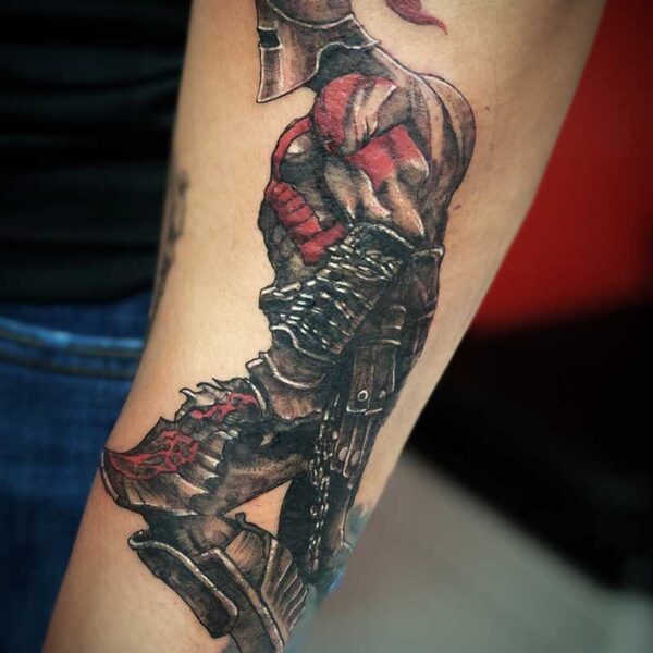 atticus tattoo, black and grey tattoo of a Roman soldier
