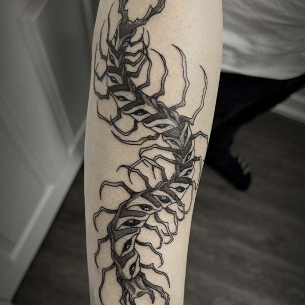 atticus tattoo, black and grey tattoo of a centipede monster