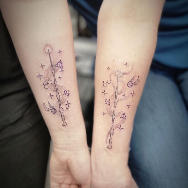 atticus tattoo, matching harry potter themed tattoos of the elder wand and other harry potter elements
