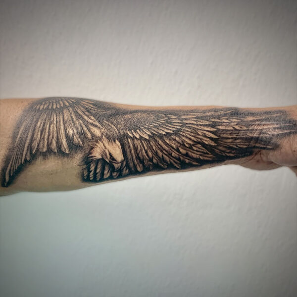 atticus tattoo, black and grey realism tattoo of an eagle flying