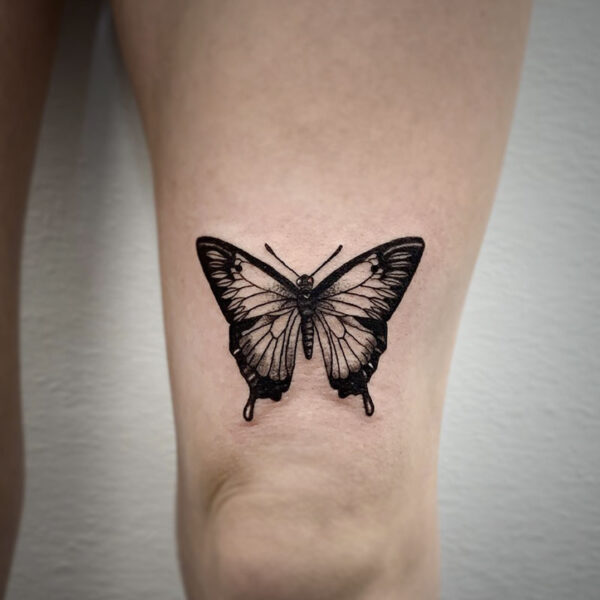 atticus tattoo, black and grey tattoo of a butterfly